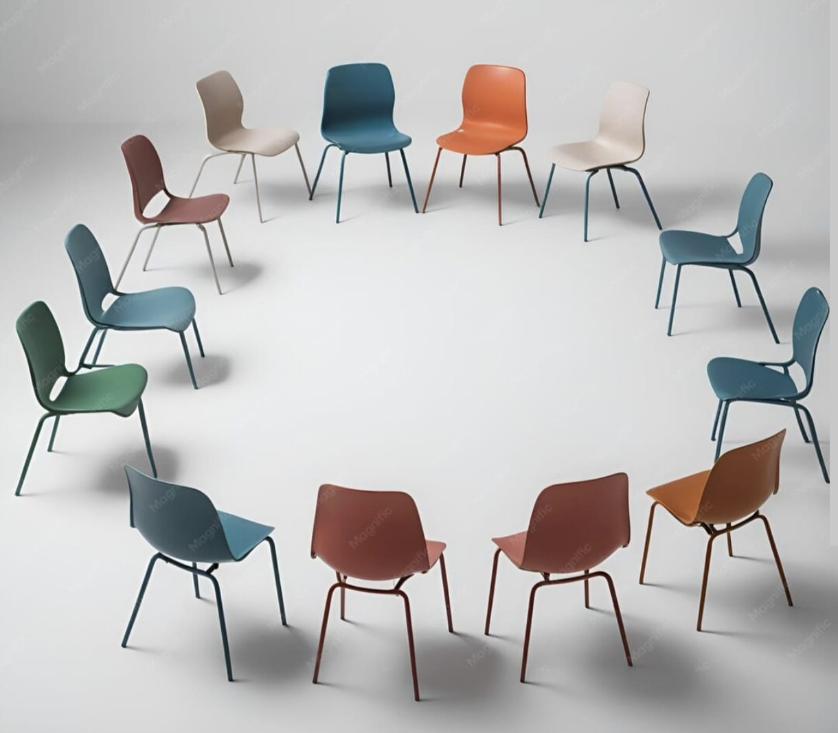 Cercle de chaises colorées symbolisant un atelier de groupe pour adultes