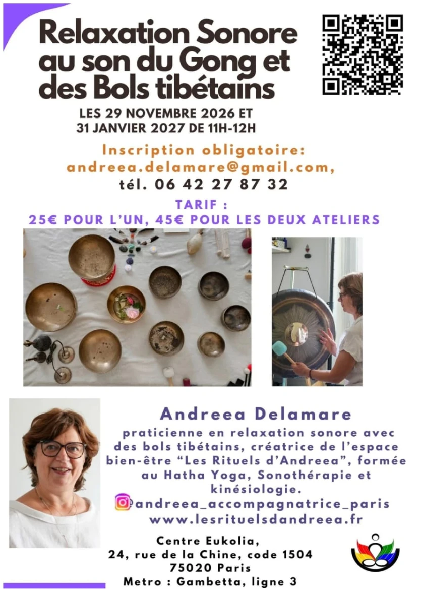 Affiche Relaxation Sonore au son du Gong et des Bols tibétains — 29 novembre 2026 et 31 janvier 2027