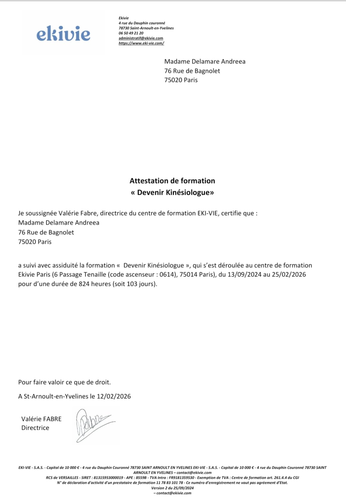 Attestation de formation « Devenir Kinésiologue »