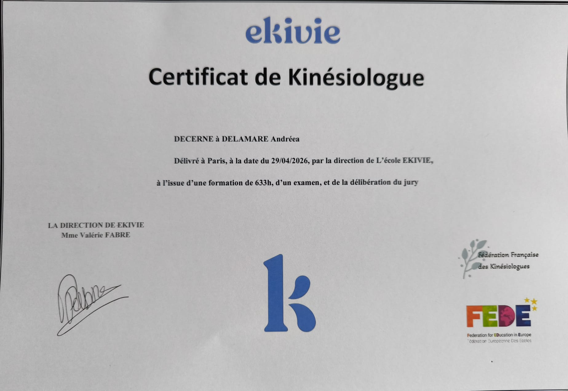 Certificat de Kinésiologue